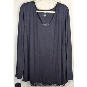 EVRI Black Knit Pullover Tunic Top Polka Dot Back Size 2X V-Neck Long Sleeve NWT